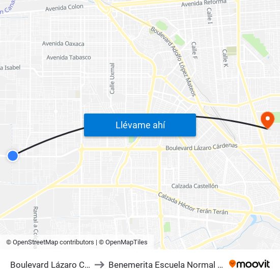Boulevard Lázaro Cárdenas / Río Nilo to Benemerita Escuela Normal Urbana Federal Fronteriza map