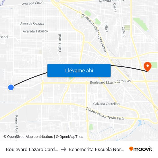 Boulevard Lázaro Cárdenas / Avenida Yugoslavia to Benemerita Escuela Normal Urbana Federal Fronteriza map