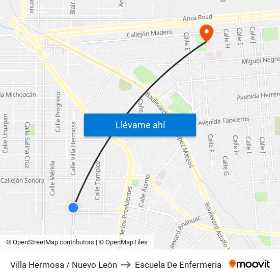 Villa Hermosa / Nuevo León to Escuela De Enfermeria map