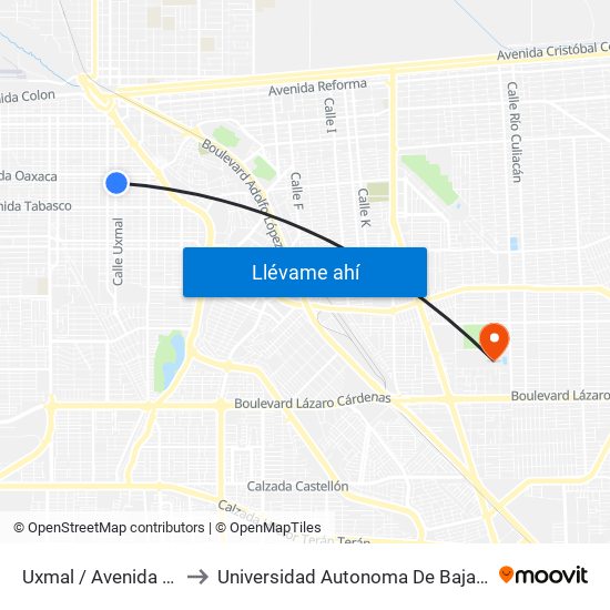 Uxmal / Avenida Puebla to Universidad Autonoma De Baja California map