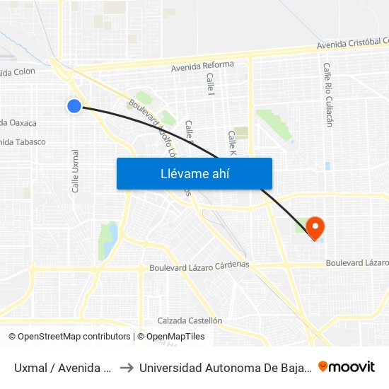 Uxmal / Avenida Jalisco to Universidad Autonoma De Baja California map