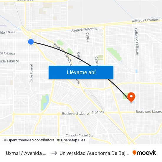 Uxmal / Avenida Durango to Universidad Autonoma De Baja California map