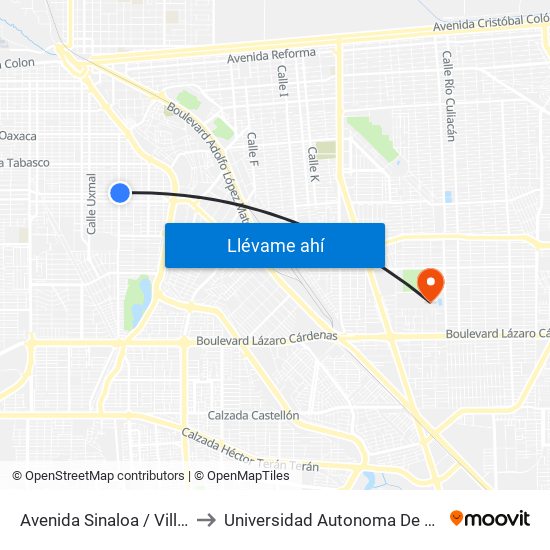 Avenida Sinaloa / Villa Hermosa to Universidad Autonoma De Baja California map