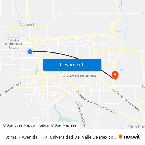 Uxmal / Avenida Querétaro to Universidad Del Valle De México - Campus Mexicali map