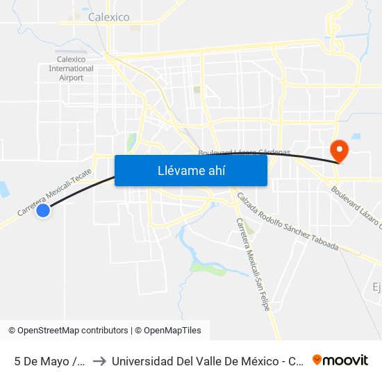 5 De Mayo / Quinta to Universidad Del Valle De México - Campus Mexicali map
