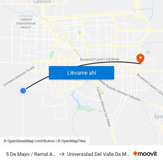 5 De Mayo / Ramal A Colonia Ahumadita to Universidad Del Valle De México - Campus Mexicali map