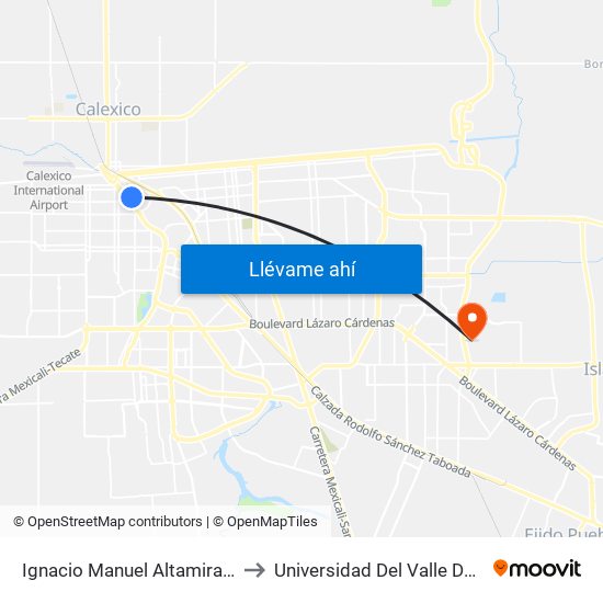 Ignacio Manuel Altamirano / Avenida Pedro Moreno to Universidad Del Valle De México - Campus Mexicali map