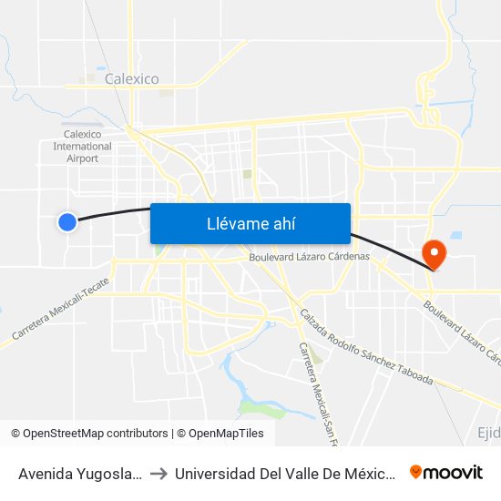 Avenida Yugoslavia / Grecia to Universidad Del Valle De México - Campus Mexicali map
