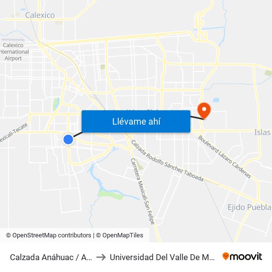 Calzada Anáhuac / Avenida De La Troje to Universidad Del Valle De México - Campus Mexicali map