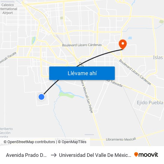 Avenida Prado Del Rey / Liesa to Universidad Del Valle De México - Campus Mexicali map
