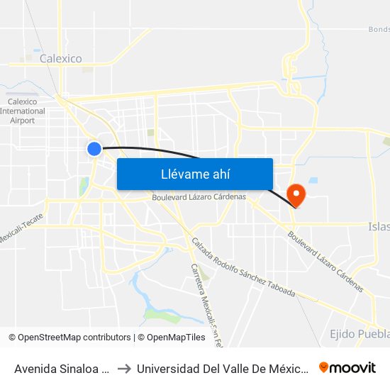 Avenida Sinaloa / Monterrey to Universidad Del Valle De México - Campus Mexicali map