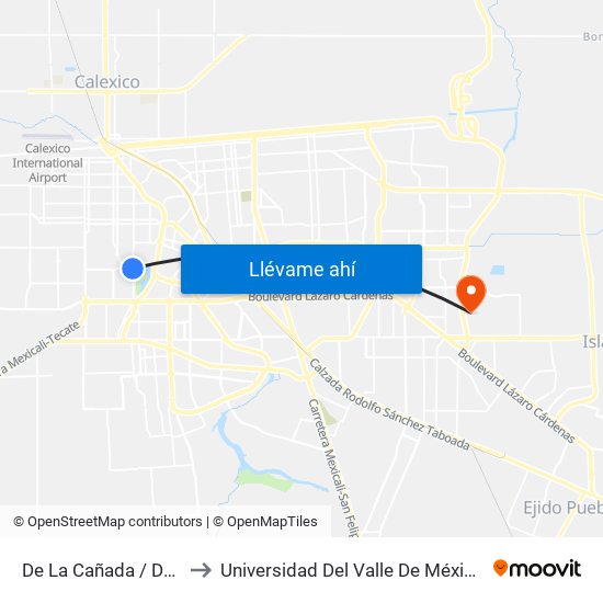 De La Cañada / Del Bosque Sur to Universidad Del Valle De México - Campus Mexicali map