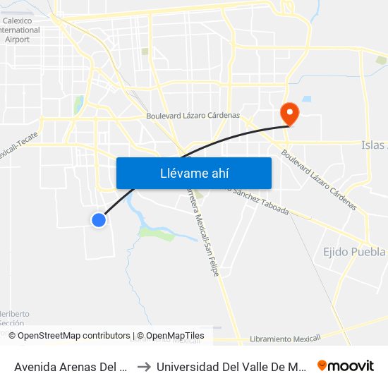 Avenida Arenas Del Rey / Lago Cuitzeo to Universidad Del Valle De México - Campus Mexicali map