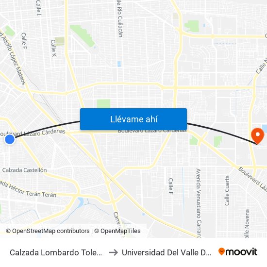 Calzada Lombardo Toledano / Avenida Crisantemos to Universidad Del Valle De México - Campus Mexicali map