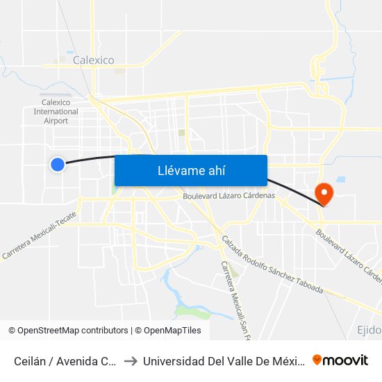 Ceilán / Avenida Checoslovaquia to Universidad Del Valle De México - Campus Mexicali map