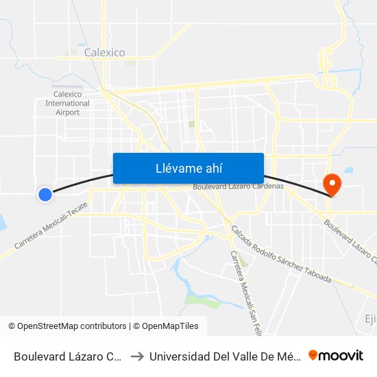 Boulevard Lázaro Cárdenas / Río Nilo to Universidad Del Valle De México - Campus Mexicali map