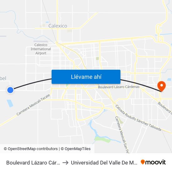 Boulevard Lázaro Cárdenas / San Ramón to Universidad Del Valle De México - Campus Mexicali map