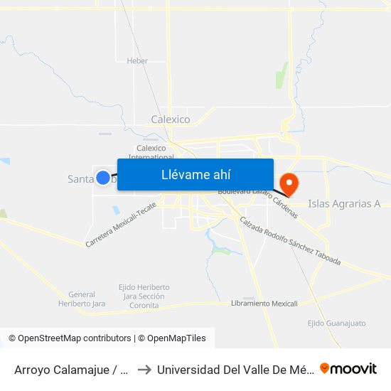 Arroyo Calamajue / Avenida Guayaquil to Universidad Del Valle De México - Campus Mexicali map
