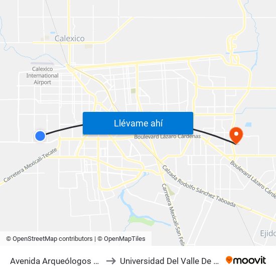 Avenida Arqueólogos / Boulevard Luis Álvarez to Universidad Del Valle De México - Campus Mexicali map