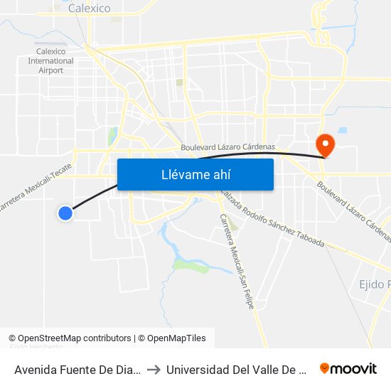 Avenida Fuente De Diana / Fuente De Trueno to Universidad Del Valle De México - Campus Mexicali map