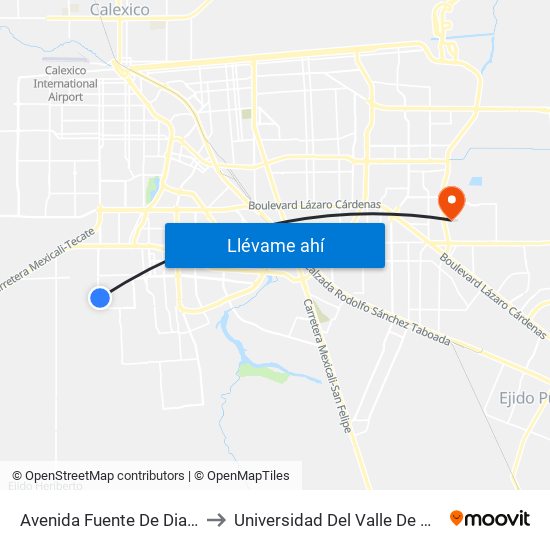Avenida Fuente De Diana / Fuente De Musas to Universidad Del Valle De México - Campus Mexicali map