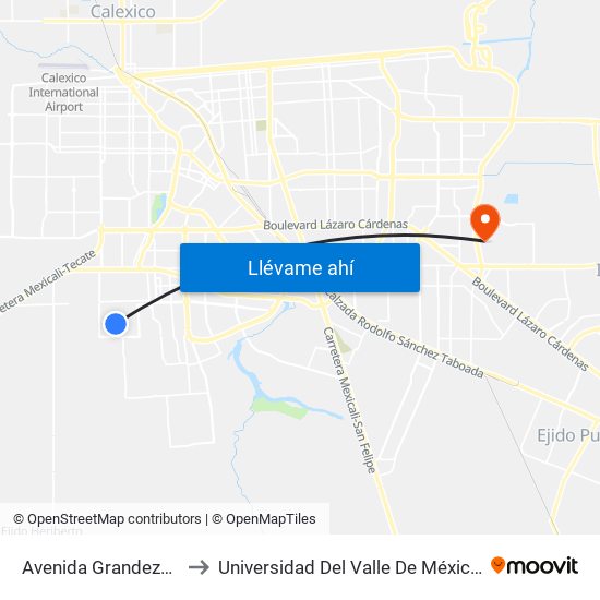 Avenida Grandeza / Tenacidad to Universidad Del Valle De México - Campus Mexicali map