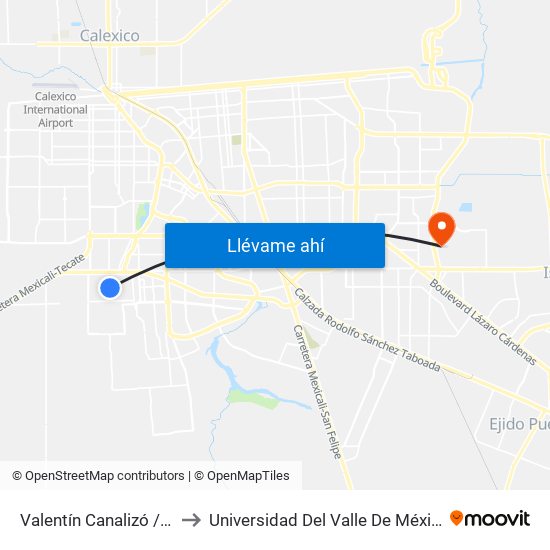 Valentín Canalizó / Los Capitanes to Universidad Del Valle De México - Campus Mexicali map