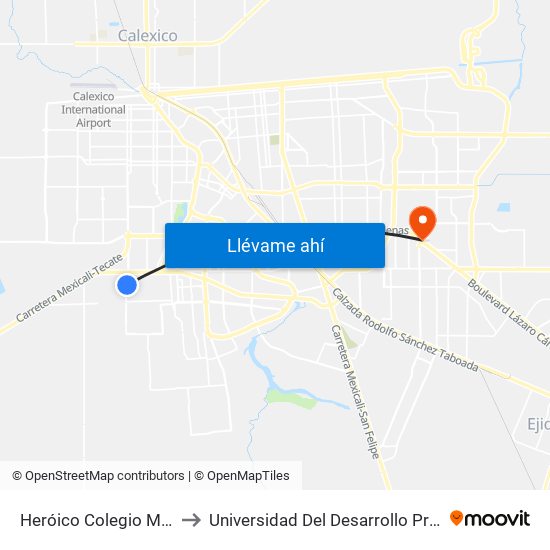 Heróico Colegio Militar / Tomás Pantoja to Universidad Del Desarrollo Profesional S.C. (Unidad Mexicali) map