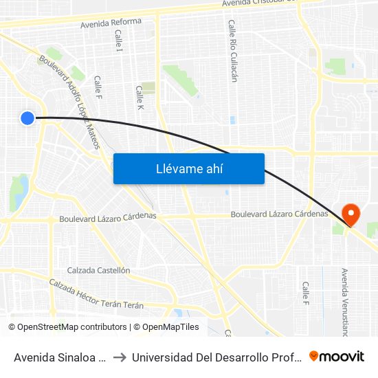 Avenida Sinaloa / Ciudad Victoria to Universidad Del Desarrollo Profesional S.C. (Unidad Mexicali) map