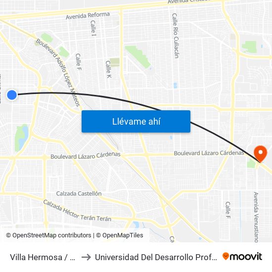 Villa Hermosa / Avenida Coahuila to Universidad Del Desarrollo Profesional S.C. (Unidad Mexicali) map