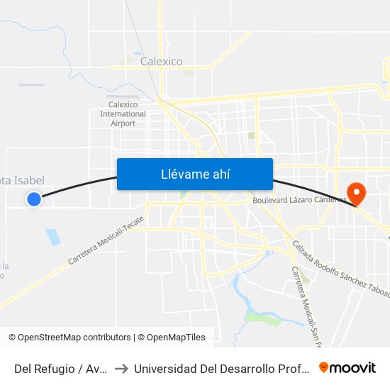 Del Refugio / Avenida San Pedro to Universidad Del Desarrollo Profesional S.C. (Unidad Mexicali) map