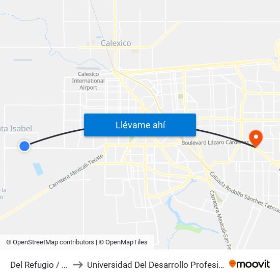 Del Refugio / Monte Xanic to Universidad Del Desarrollo Profesional S.C. (Unidad Mexicali) map