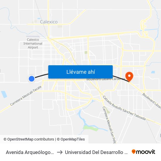 Avenida Arqueólogos / Boulevard Luis Álvarez to Universidad Del Desarrollo Profesional S.C. (Unidad Mexicali) map