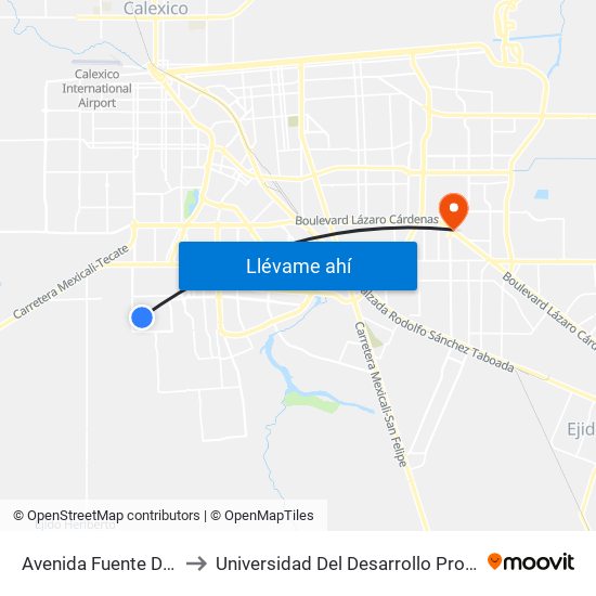 Avenida Fuente De Etiopía / Justicia to Universidad Del Desarrollo Profesional S.C. (Unidad Mexicali) map
