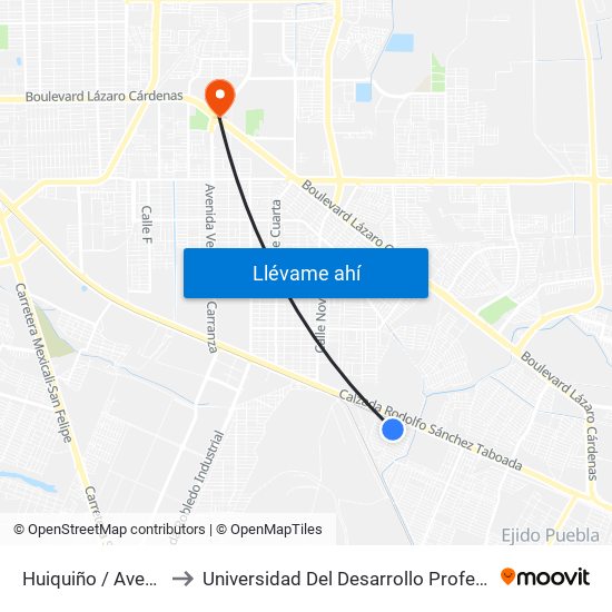 Huiquiño / Avenida Acamayas to Universidad Del Desarrollo Profesional S.C. (Unidad Mexicali) map