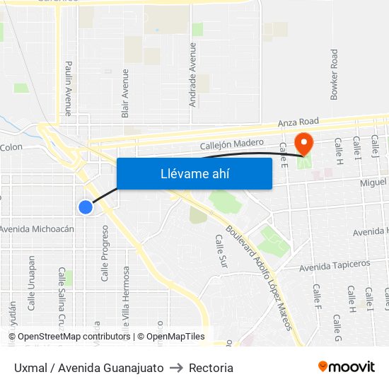 Uxmal / Avenida Guanajuato to Rectoria map