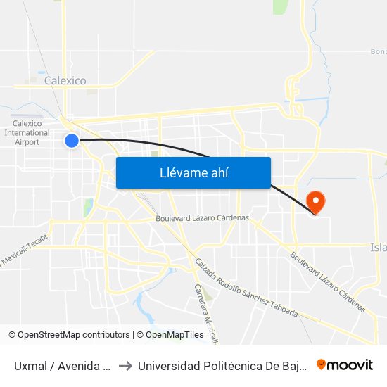 Uxmal / Avenida Jalisco to Universidad Politécnica De Baja California map
