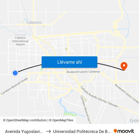 Avenida Yugoslavia / Cristal to Universidad Politécnica De Baja California map