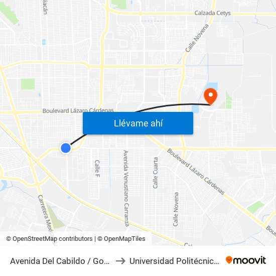 Avenida Del Cabildo / Gobernador Maldonado to Universidad Politécnica De Baja California map