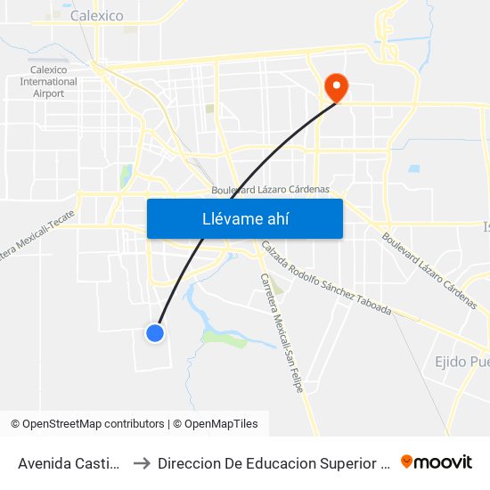 Avenida Castiblanco / Roncal to Direccion De Educacion Superior E Investigacion Cetys Mexicali map