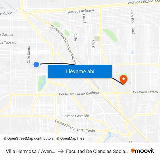 Villa Hermosa / Avenida Tlaxcala to Facultad De Ciencias Sociales Y Politicas map