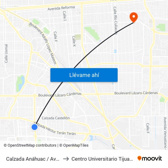 Calzada Anáhuac / Avenida De La Troje to Centro Universitario Tijuana Campus Mexicali map