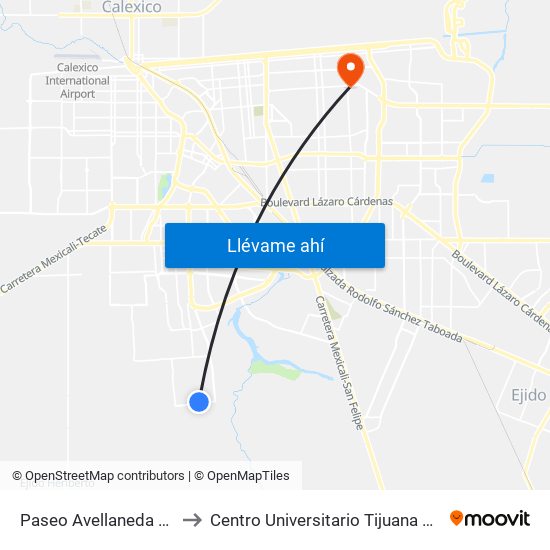 Paseo Avellaneda / Redondela to Centro Universitario Tijuana Campus Mexicali map