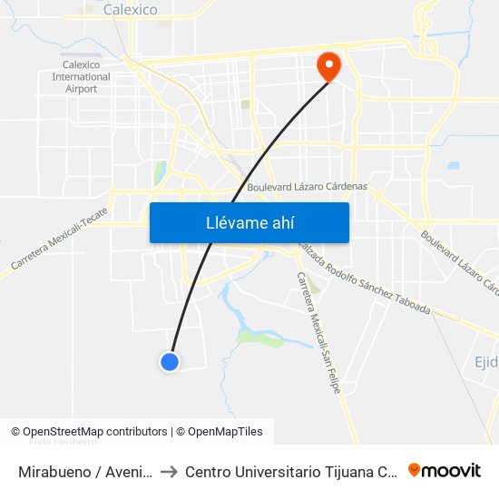 Mirabueno / Avenida Grañen to Centro Universitario Tijuana Campus Mexicali map