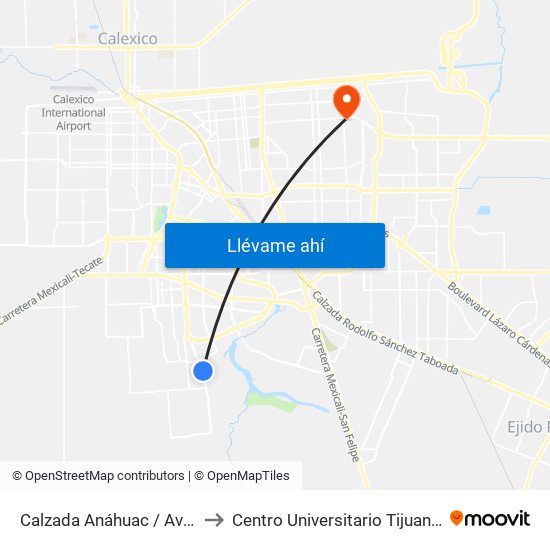 Calzada Anáhuac / Avenida Guadamur to Centro Universitario Tijuana Campus Mexicali map