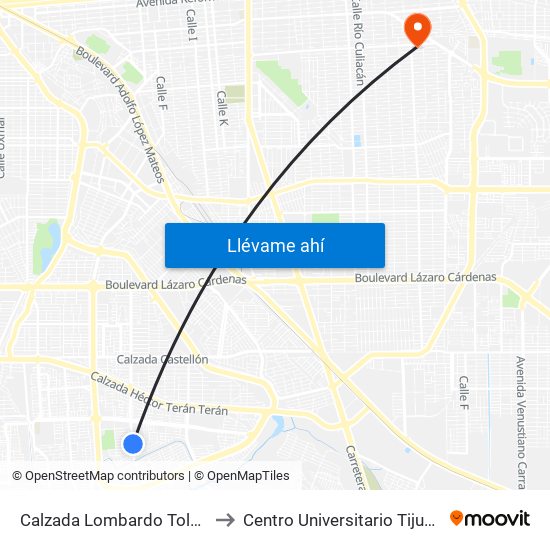 Calzada Lombardo Toledano / Boxeadores to Centro Universitario Tijuana Campus Mexicali map