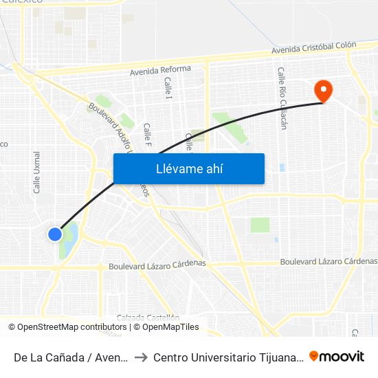 De La Cañada / Avenida Del Arroyo to Centro Universitario Tijuana Campus Mexicali map