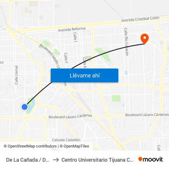 De La Cañada / Del Granizo to Centro Universitario Tijuana Campus Mexicali map