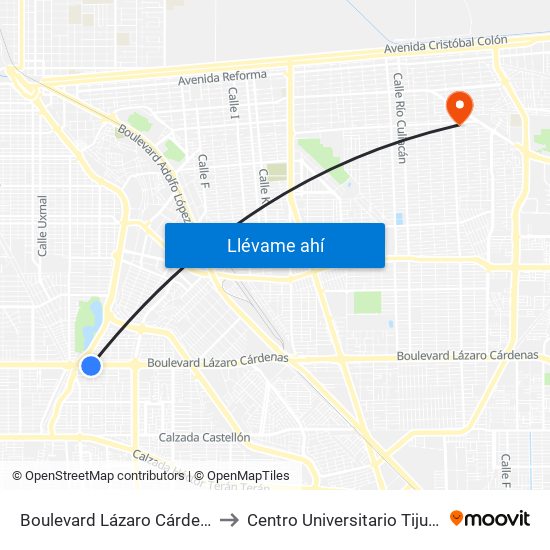 Boulevard Lázaro Cárdenas / Lago Bagueolo to Centro Universitario Tijuana Campus Mexicali map