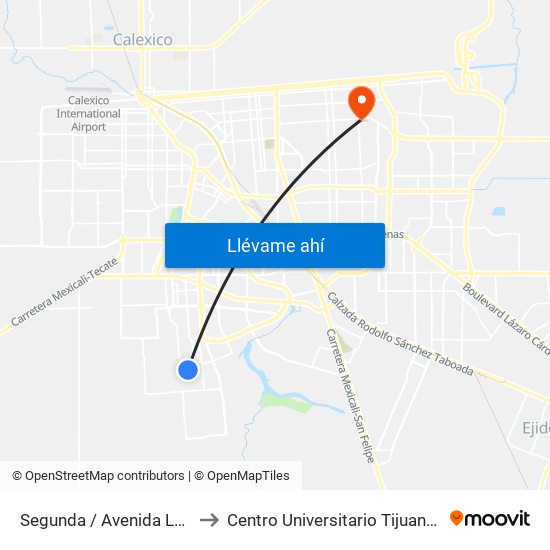 Segunda / Avenida Lago Xochimilco to Centro Universitario Tijuana Campus Mexicali map